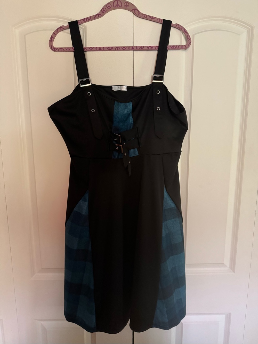 Black Dress with Teal Plaid Insets and Buckle Straps
